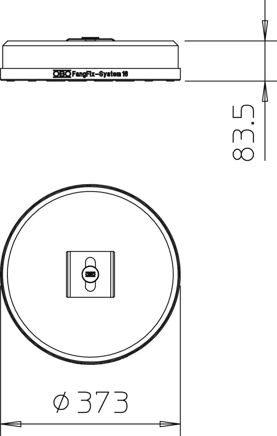 Technische Zeichnung eines runden Objekts mit einem Durchmesser von 373 mm und einer Höhe von 83,5 mm, mit der Aufschrift 'FangFix-System 16'.