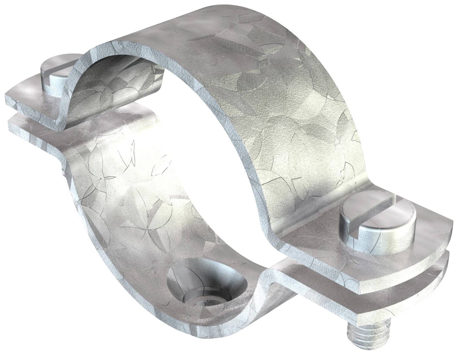 Metallische Rohrschelle mit zwei Befestigungsschrauben, gebogenes Design, silberne Oberflächenstruktur, verwendet zur sicheren Rohrbefestigung.