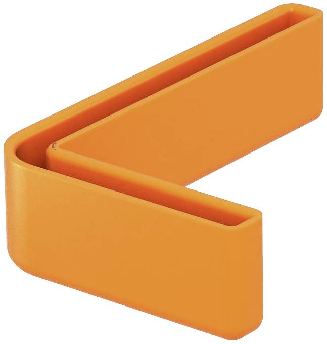 Eine orange Winkelhalterung aus Kunststoff mit abgerundeten Kanten und offenem Design, geeignet zur Befestigung oder Stabilisierung.