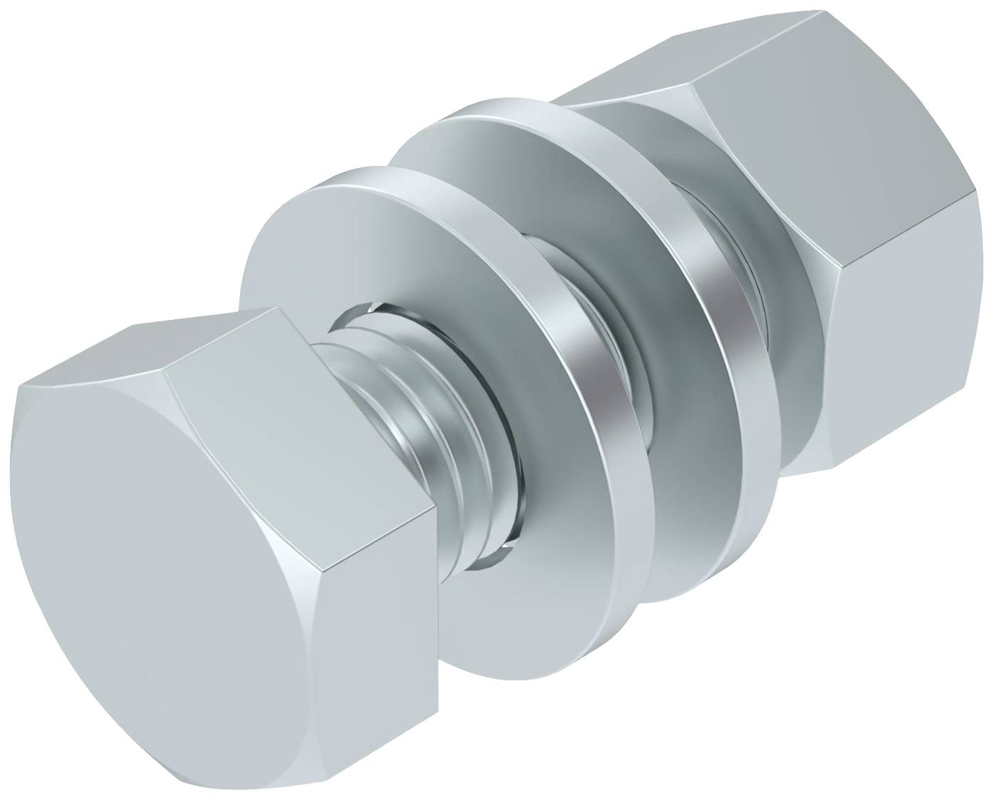 Silberne Sechskantschraube mit zwei Muttern und Unterlegscheiben, horizontal ausgerichtet.