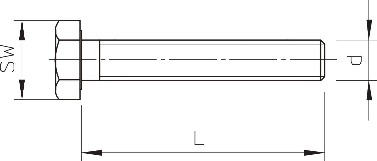 Technische Zeichnung einer Schraube mit Sechskantkopf. Markierungen für Länge (L), Gewindesteigung (P) und Schlüsselweite (SW) sind sichtbar.