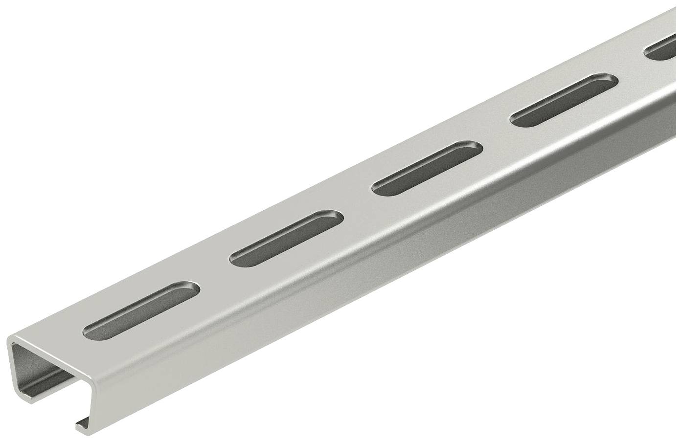 Ein Metallkanal mit gleichmäßigen Langlöchern, bei dem es sich vermutlich um eine Montageschiene zur Befestigung handeln könnte.
