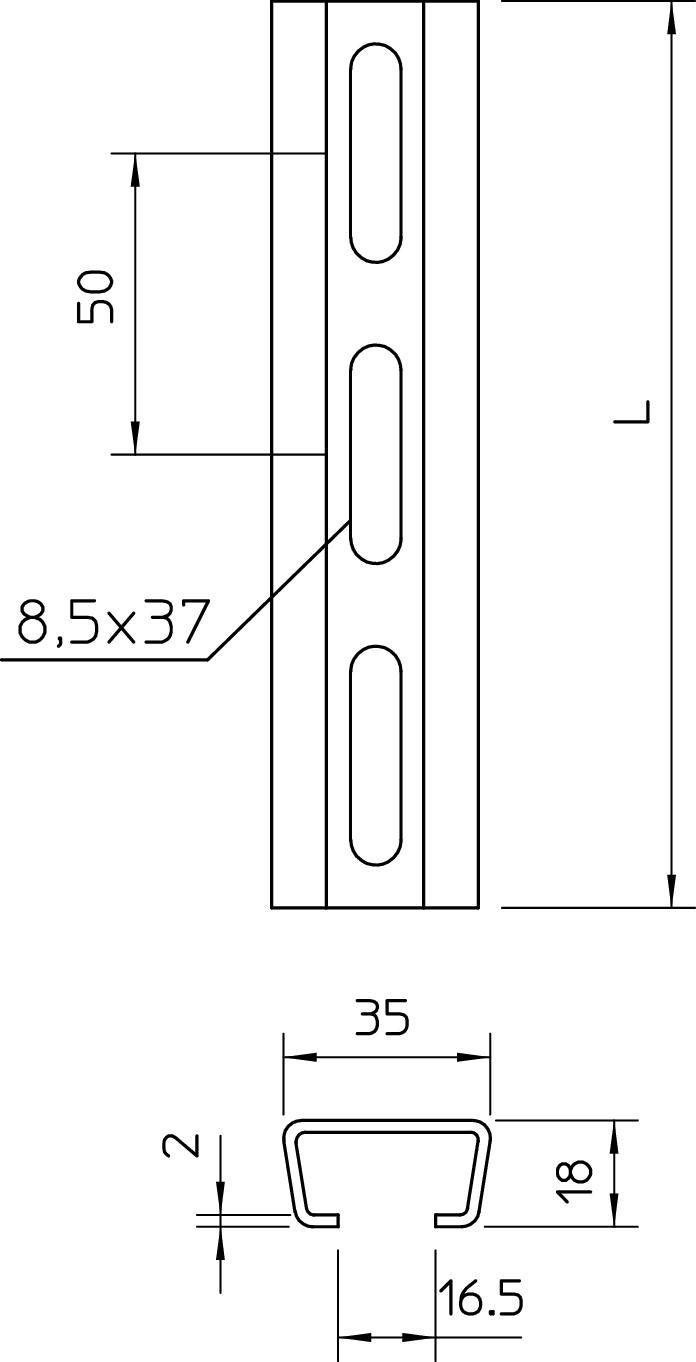 Technische Zeichnung eines Metallprofils mit Maßen: Länge 'L', Breite 35 mm, Höhe 18 mm, und Langlöcher 8,5 x 37 mm.