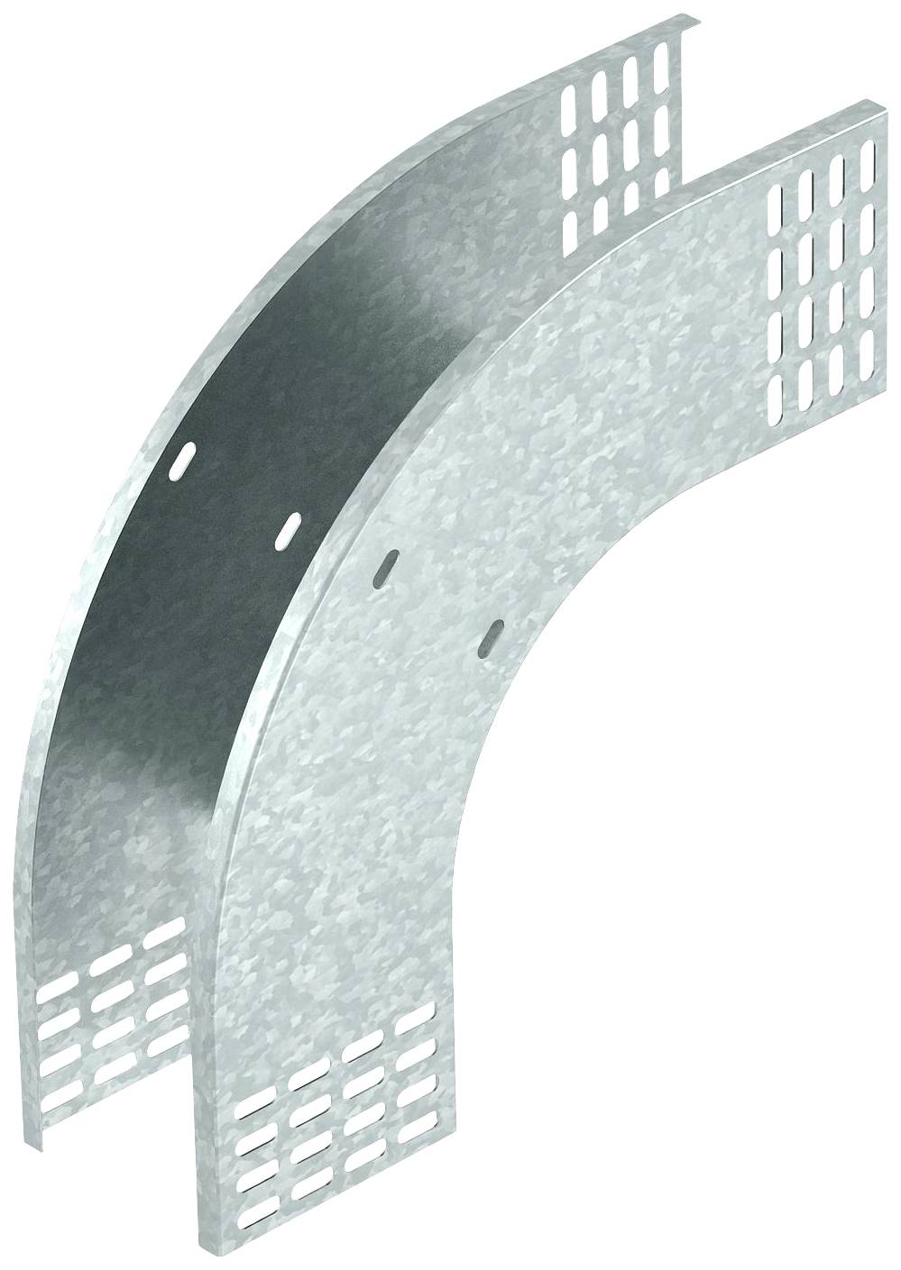 Metallkanal mit Löchern und gebogener Form, zur Befestigung oder Führung von Kabeln in industriellen Anwendungen.
