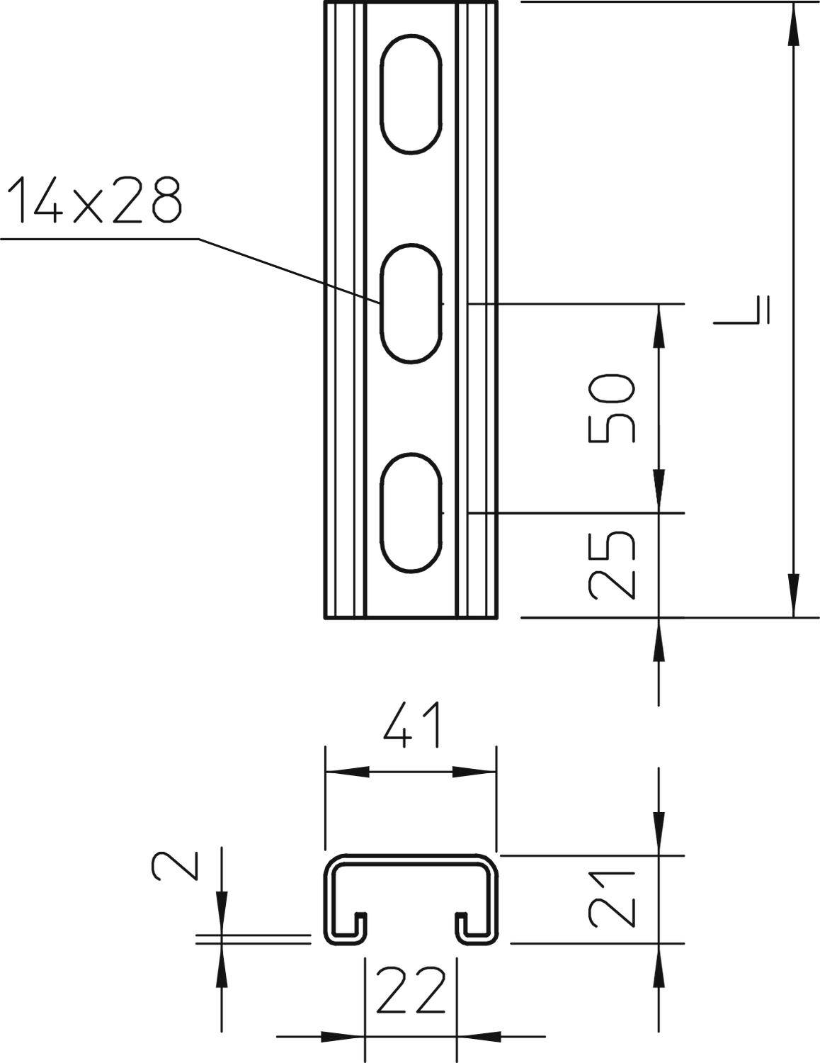 Technische Zeichnung eines U-Profils mit Maßen: 41 mm Breite, 22 mm Innenmaß, 21 mm Höhe, Lochgrößen 14x28 mm.