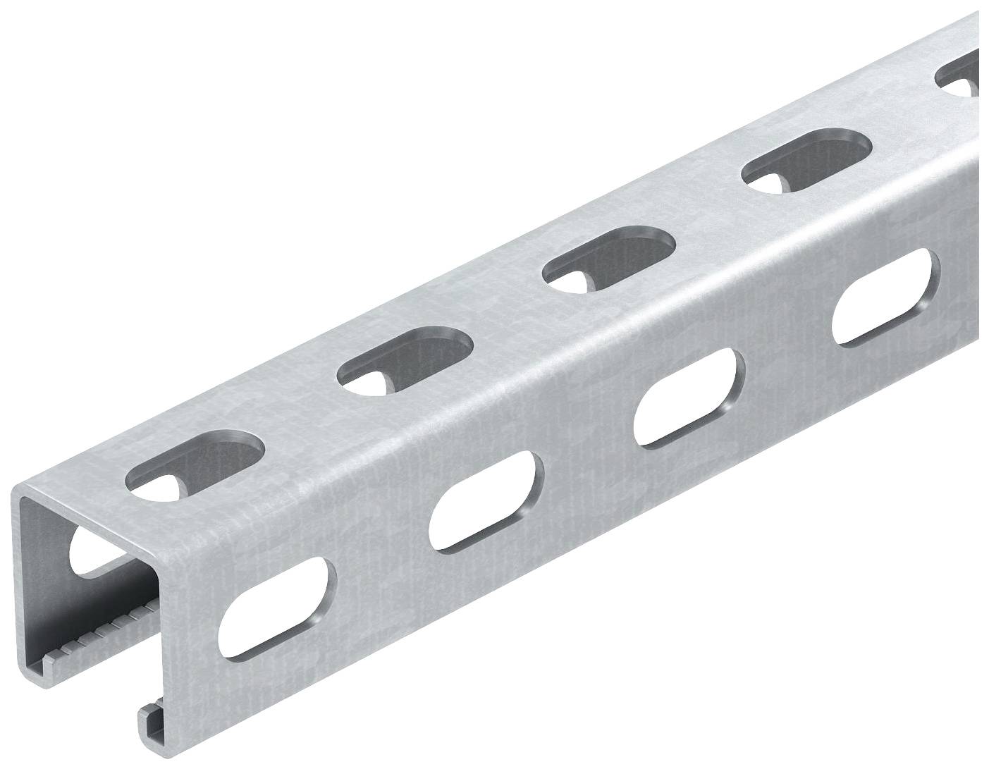 Metallschiene mit gleichmäßigen, ovalen Löchern zur Befestigung, oft in Bau und Konstruktion verwendet.