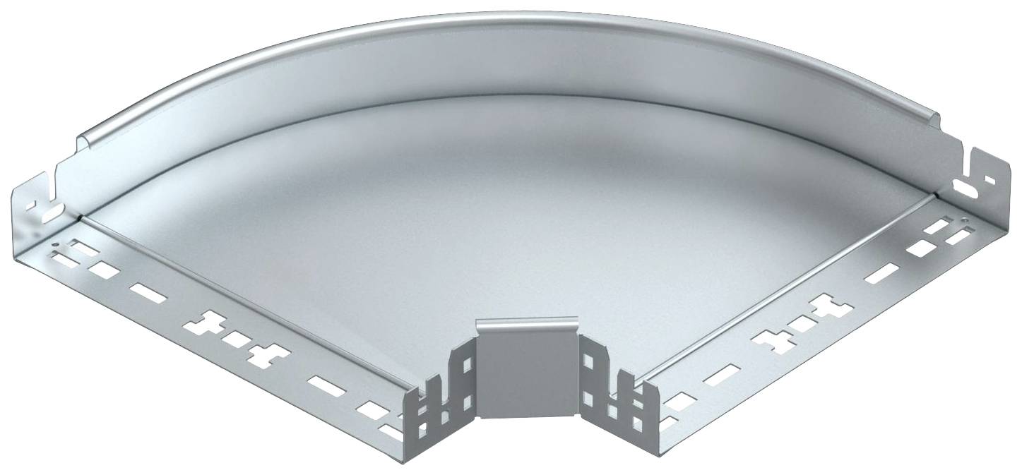 Ein graues Metall-Eckstück, das mit Befestigungslöchern an den Kanten versehen ist, bildet eine runde Ecke in einem Kabelkanalsystem.