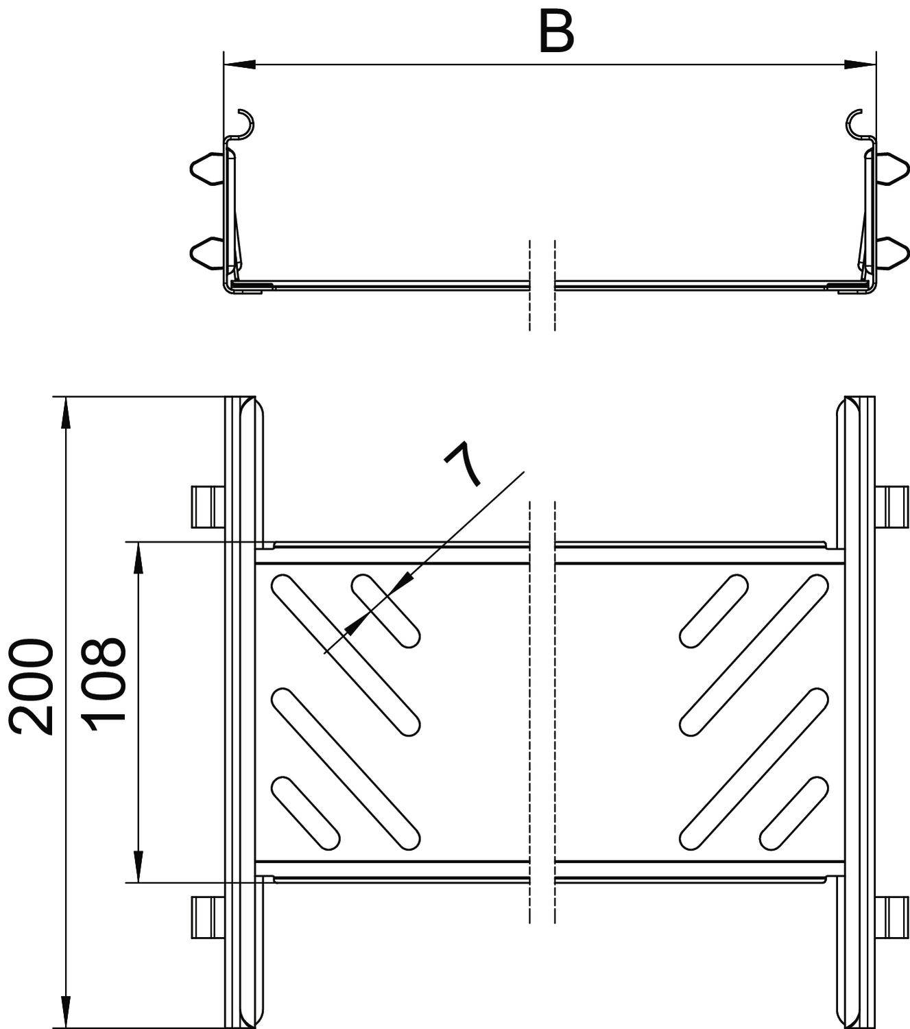Technische Zeichnung eines rechteckigen Elements mit zwei Ansichten: oben und frontal. Maße sind 'B' und '200 x 108'.