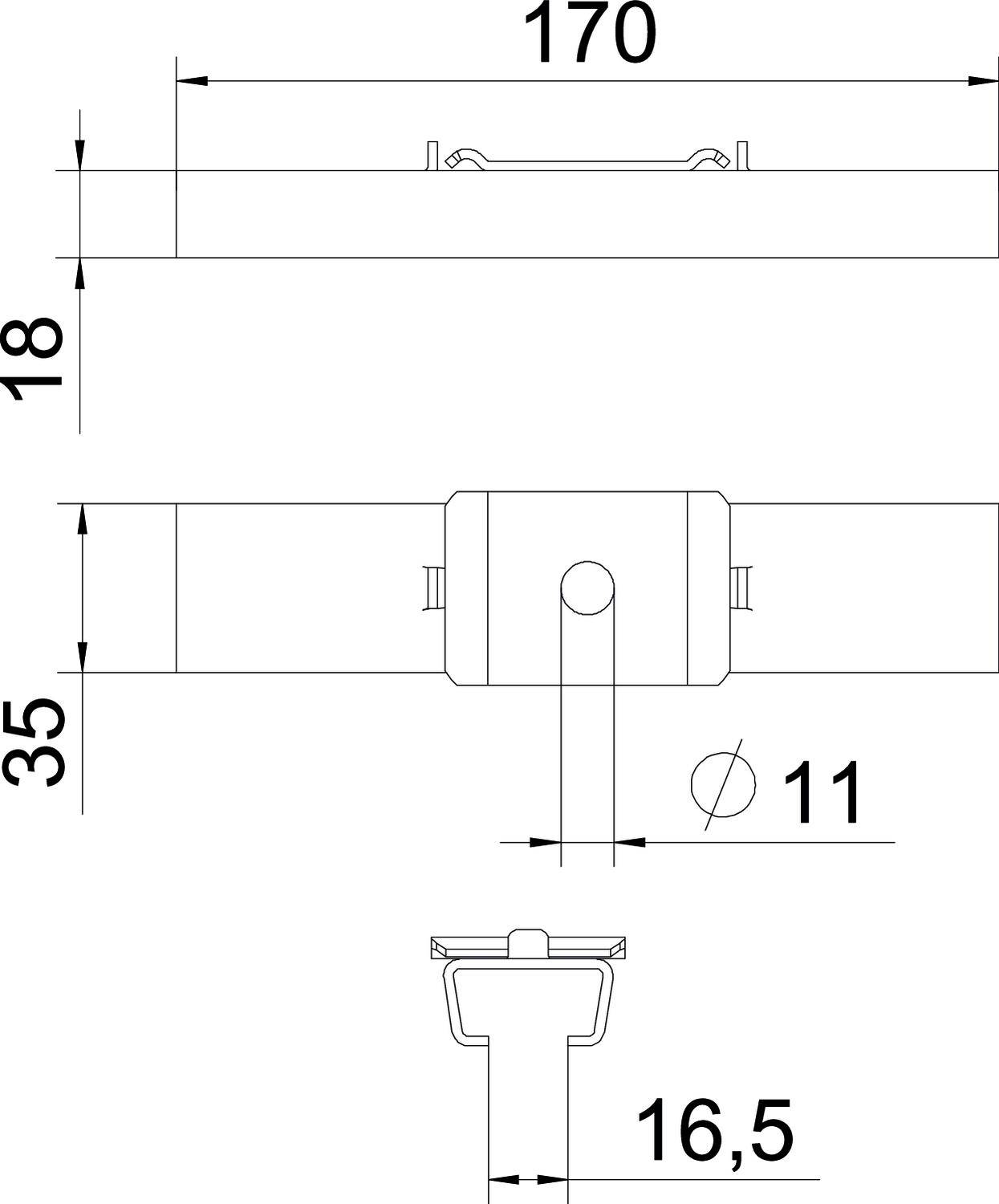 Technische Zeichnung eines Bauteils mit Maßen. Obere Ansicht zeigt Länge 170 mm, Breite 18 mm. Seitenansicht 35 mm hoch, Durchmesser 11 mm.