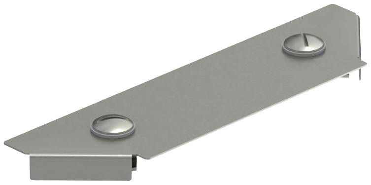 Metallplatte mit rechteckiger Form und abgeschrägten Ecken, zwei sichtbare Schrauben an beiden Enden, dient zur Befestigung oder Verbindung.