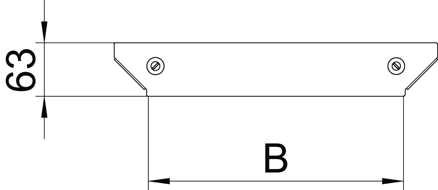 Technische Zeichnung einer Halterung mit zwei Schrauben. Höhe von 63 mm. Basisbreite B variabel. Hauptansicht von der Seite.