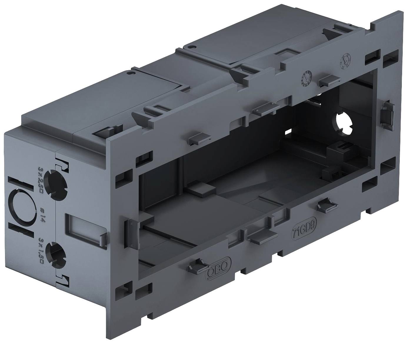 Rechteckige, schwarze Kunststoffrahmen-Halterung mit mehreren Öffnungen und Befestigungspunkten zur Montage elektronischer Komponenten.