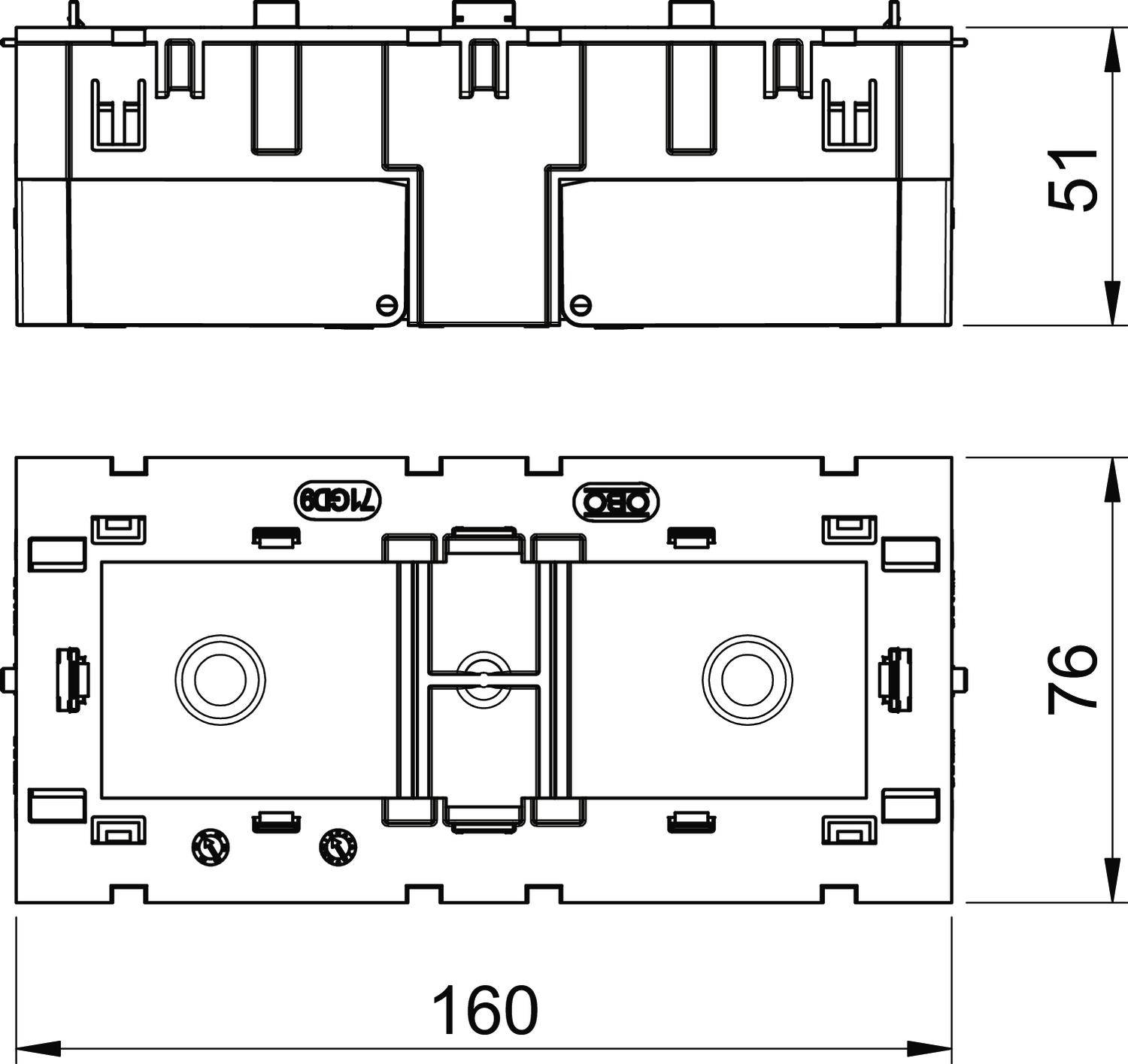 Technische Zeichnung eines rechteckigen Bauteils mit Abmessungen: 160 mm Breite, 76 mm Höhe, 51 mm Tiefe. Draufsicht und Seitenansicht.
