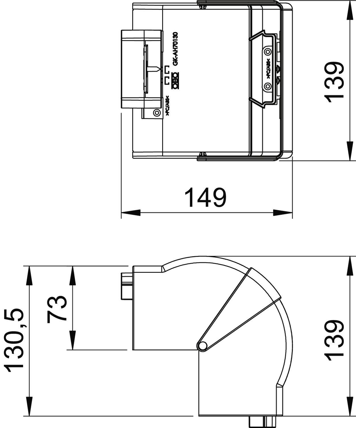Technische Zeichnung eines rohrförmigen Ventilators mit Abmessungen: Höhe 139 mm, Breite 149 mm, Tiefe 73 mm.