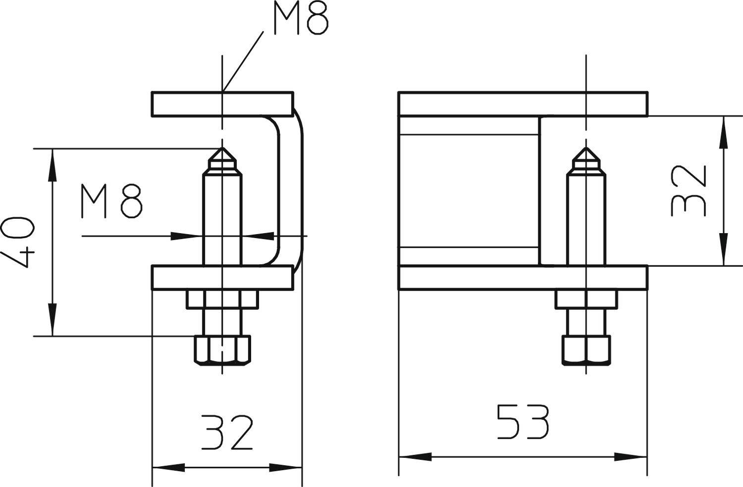Technische Zeichnung eines Montagewinkels mit Maßen: Breite 53 mm, Höhe 40 mm, Schraubenlöcher M8. Seitenansicht zeigt 32 mm Höhe.