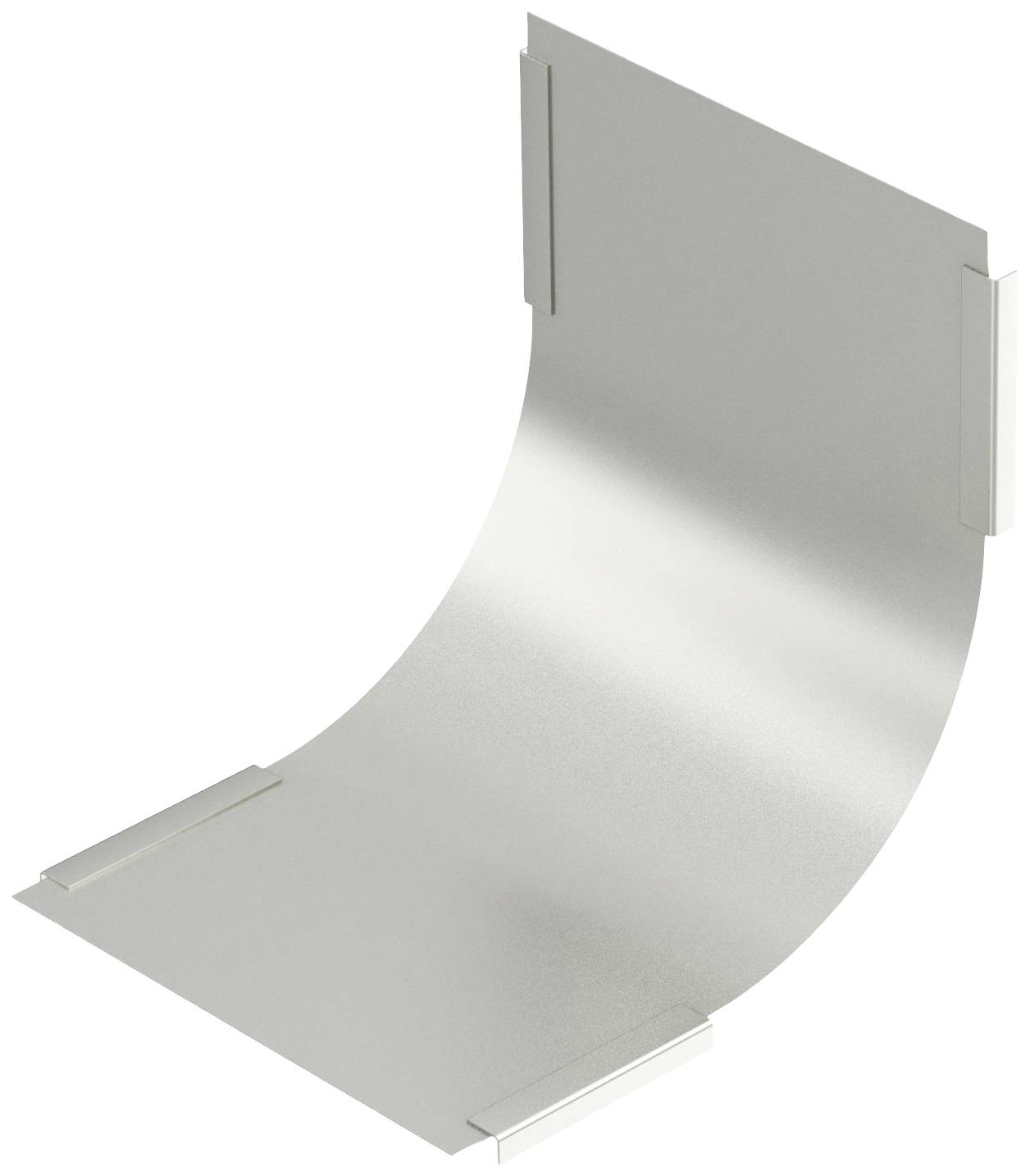 Ein silbernes, gebogenes Blech mit drei Kantenbefestigungen, möglicherweise ein Bauteil oder Verbindungselement aus Metall.