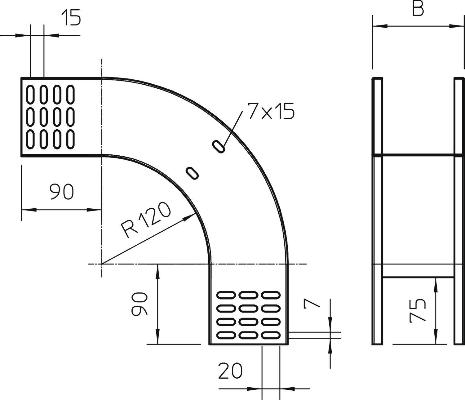 Technische Zeichnung eines gebogenen Rohrs mit Maßen in Millimetern. Beinhaltet Details wie Biegungsradius R120 und Bohrungen 7x15.