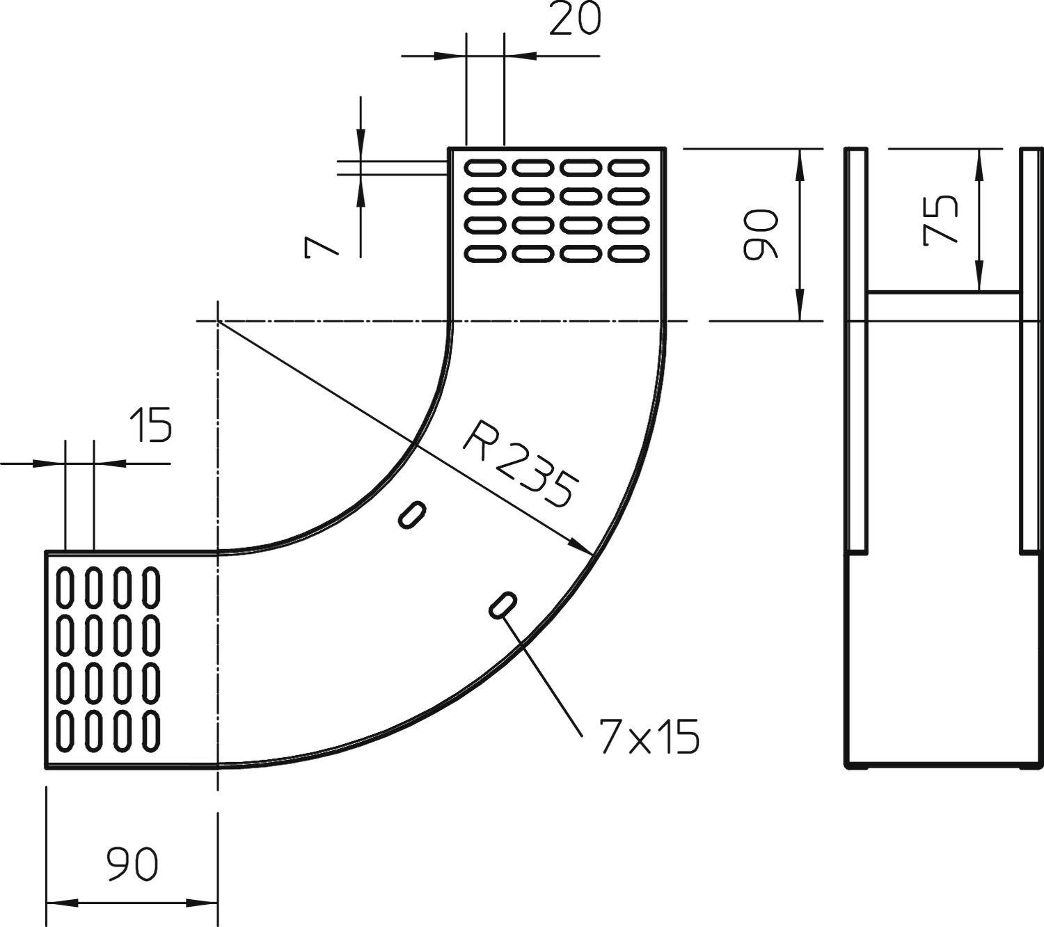 Bauplan eines Rohrbogens: 90-Grad-Winkel, Bogenradius R235, Gesamtabmessungen 90x90 mm. Löcher von 7x15 mm und 20 mm Abstand.