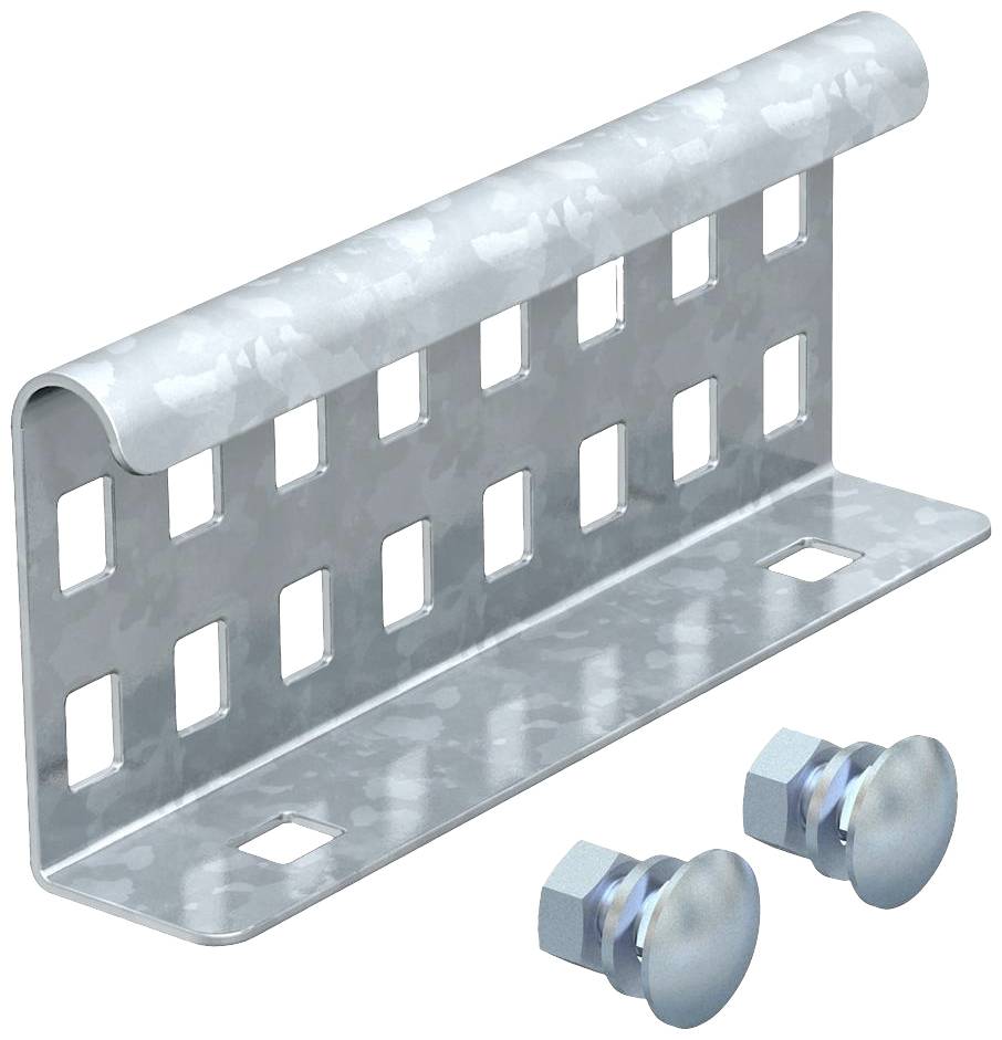 Metallhalterung mit quadratischen Ausschnitten und zwei passenden Schrauben daneben.