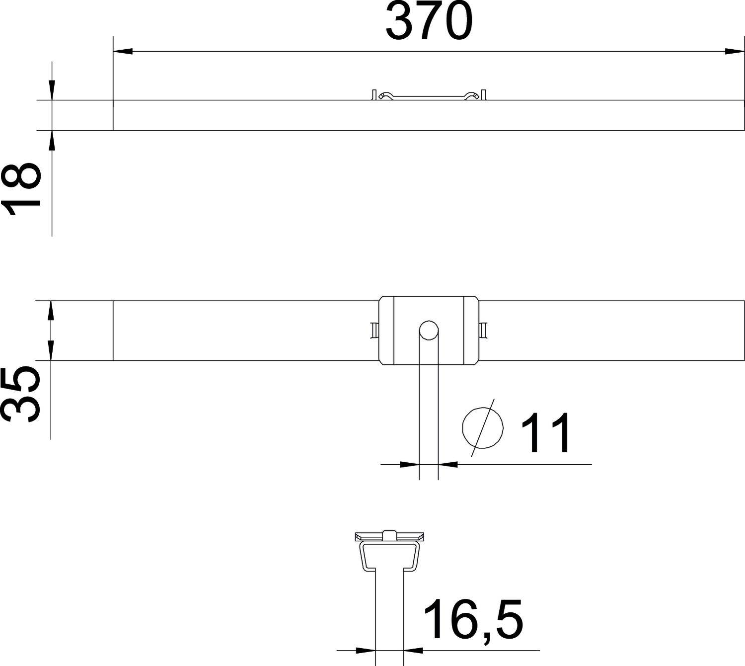 Technische Zeichnung eines rechteckigen Bauteils mit Maßen: Länge 370 mm, Höhe 18 mm, Breite 35 mm, Lochdurchmesser 11 mm.