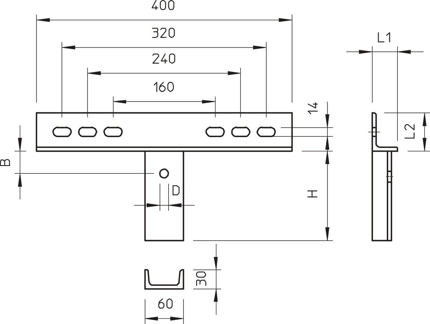 Technische Zeichnung eines Metallprofils mit Maßen: Länge 400 mm, Höhe 14 mm, Breite 60 mm. Zeigt Bohrlöcher und Querschnitt.