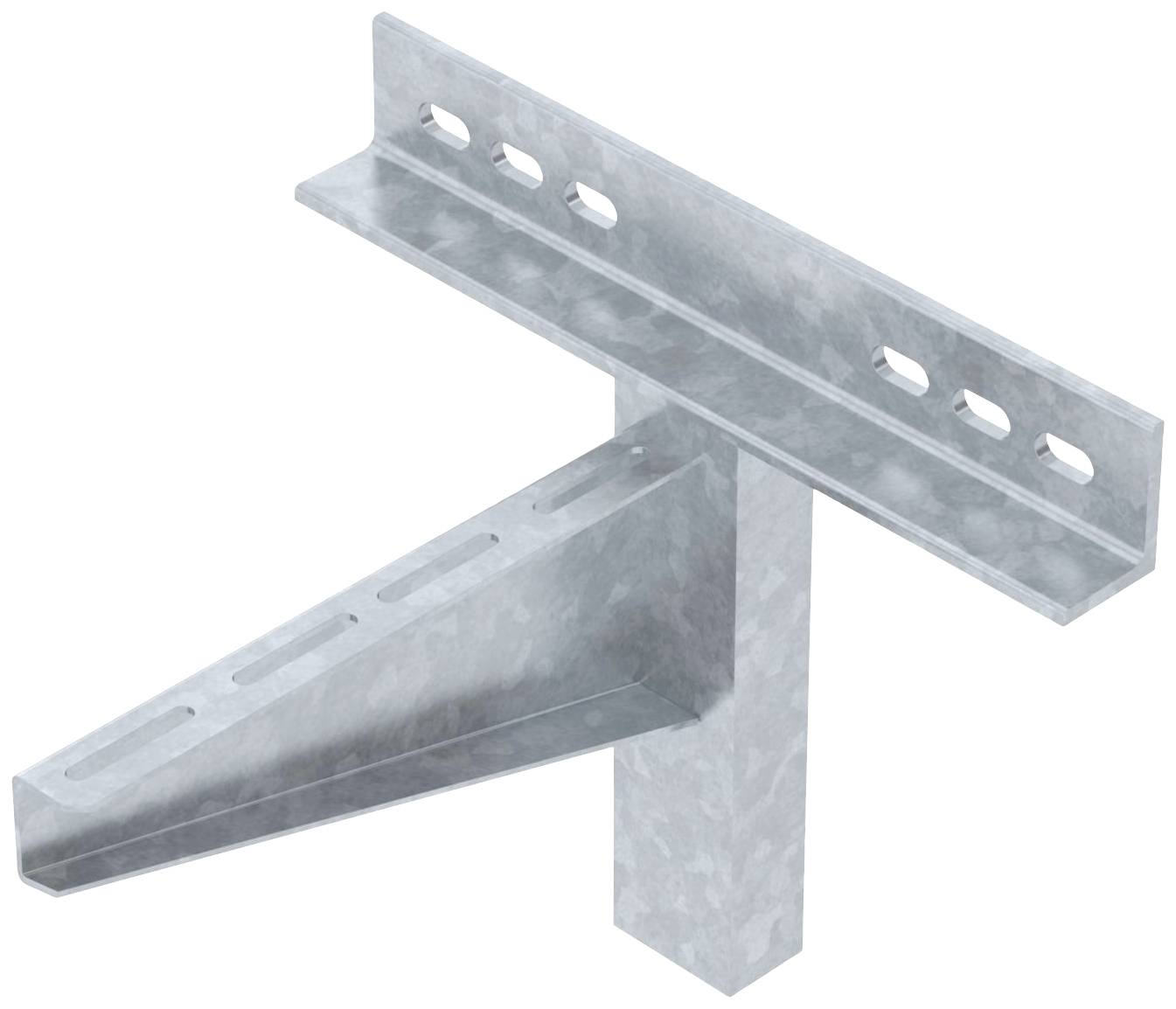 Ein verzinkter Metallwinkel mit Löchern zur Befestigung, verwendet für Baukonstruktionen zur Unterstützung schwerer Lasten.