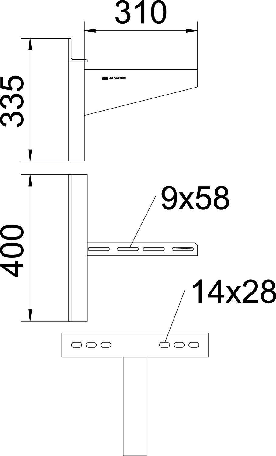 Konstruktionszeichnung eines Wandhalterungssystems. Maße: Länge 310 mm, Höhe 335 mm, Gesamtbreite 400 mm. Schraubenlöcher: 9x58 mm und 14x28 mm.