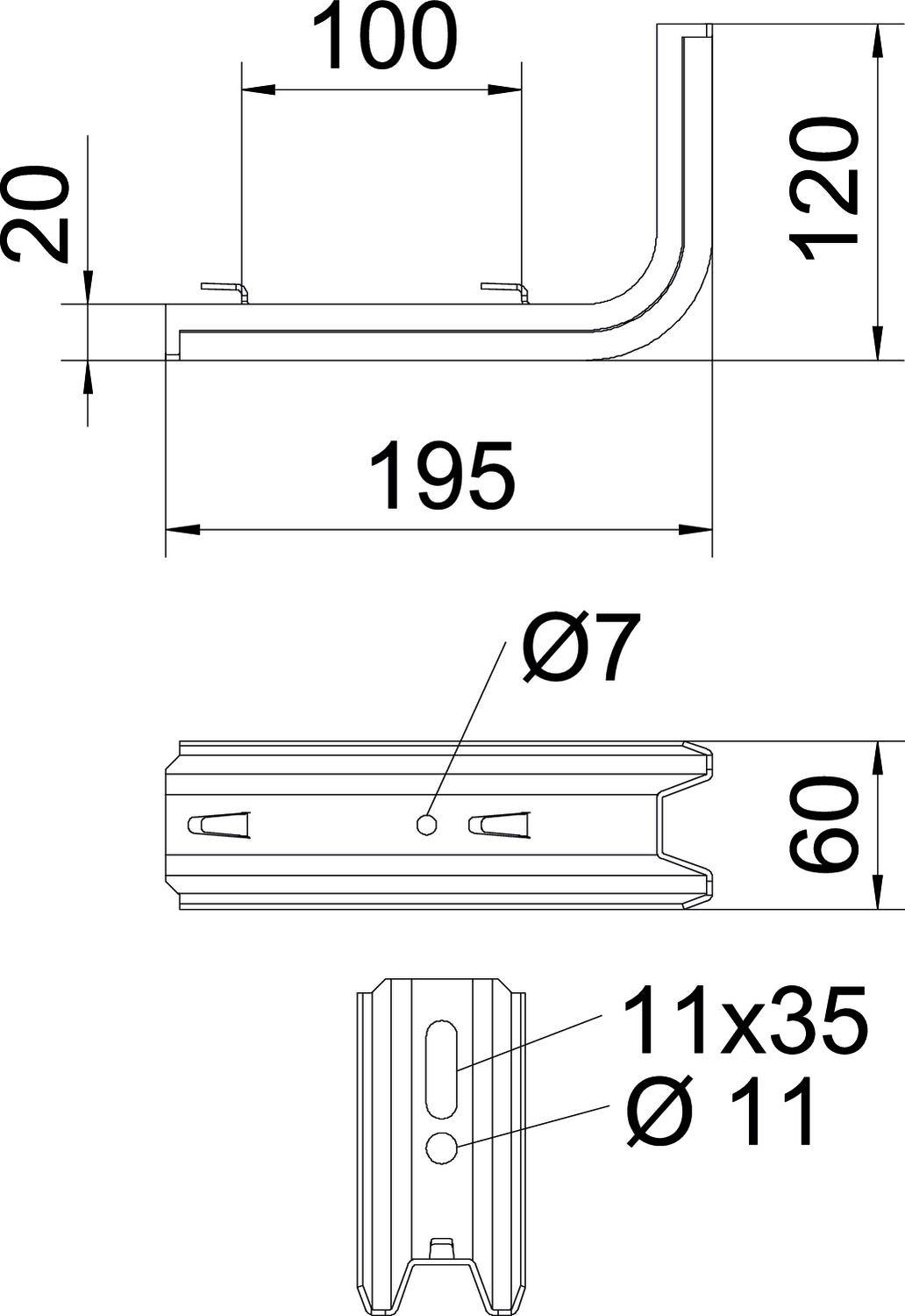 Technische Zeichnung eines Winkelelements mit Maßen: 195 mm Länge, 120 mm Höhe, 100 mm Breite; Bohrungen Ø7 und 11x35 mm.
