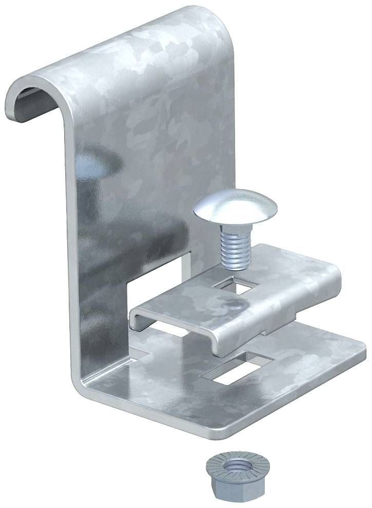 Metallische Befestigungshalterung mit Schraube und Mutter. Verwendet zur sicheren Montage von Solarpanelen oder ähnlichen Strukturen.