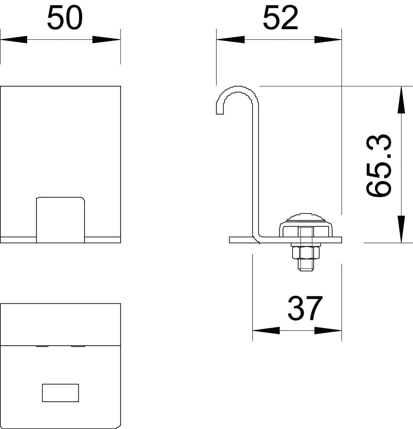 Technische Zeichnung eines Befestigungsclips mit Maßen: Breite 50mm, Höhe 65.3mm, Tiefe 52mm, Befestigungslochabstand 37mm.
