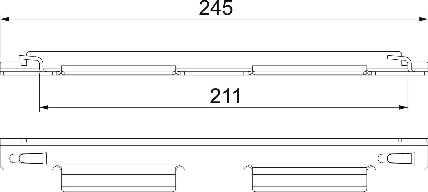 Strichzeichnung eines rechteckigen Gegenstands mit eingezeichneten Maßen: Länge oben 245 mm, Länge unten 211 mm, veranschaulicht Breite.