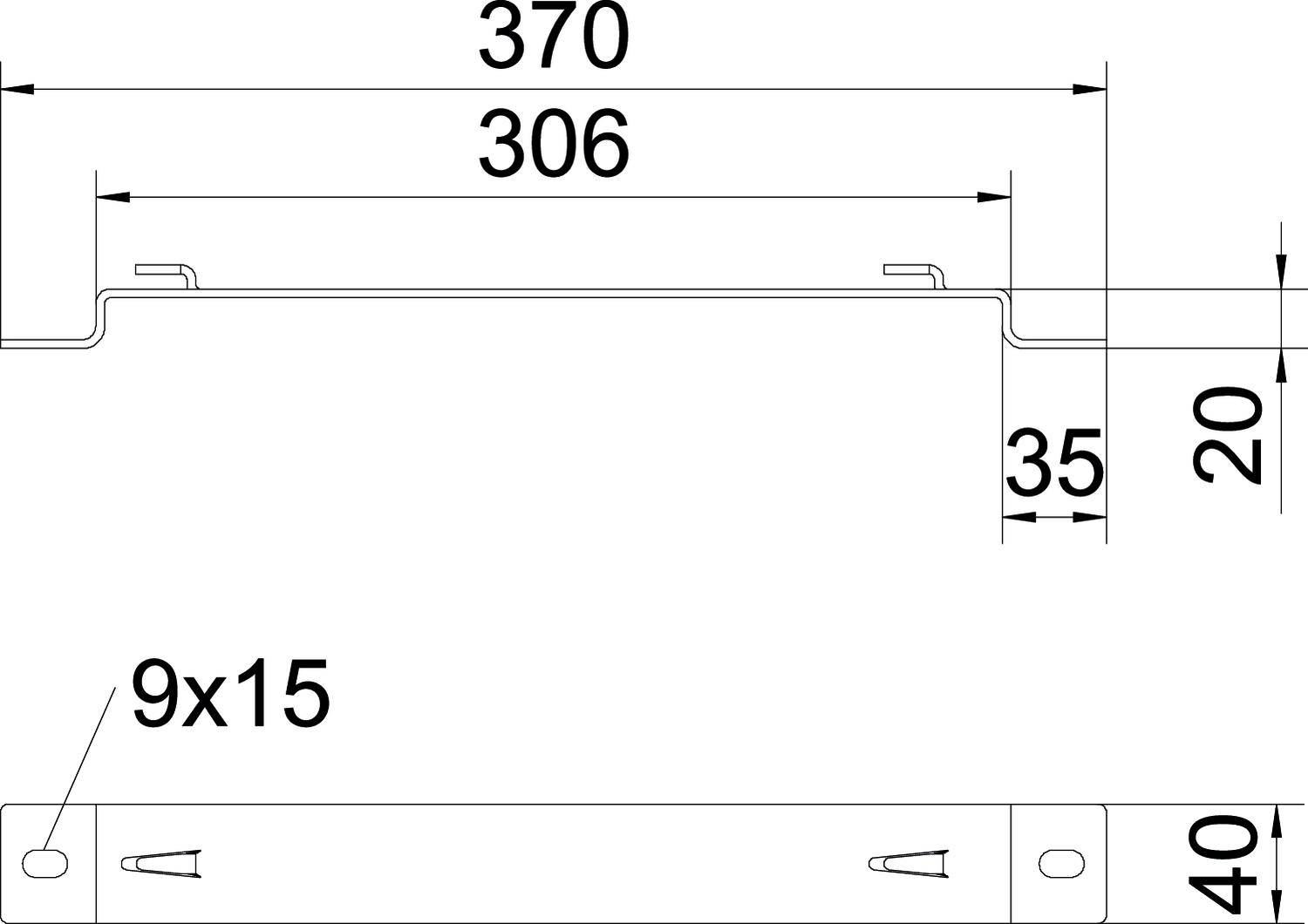 Technische Zeichnung eines rechteckigen Metallstücks mit Maßen: 370 mm Länge, 306 mm Innenbreite, 35 mm Höhe, 9x15 mm Löcher.