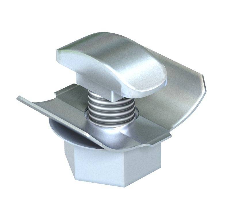 Metallschraube mit sechseckigem Kopf und Federsystem, das die Befestigung ermöglicht. Sie ist aus silbrigem Metall gefertigt.