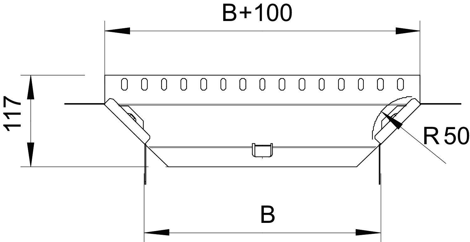 Technische Zeichnung eines Profils mit Maßen: Höhe 117, Breite 'B', Gesamtlänge 'B+100', Radius R50.