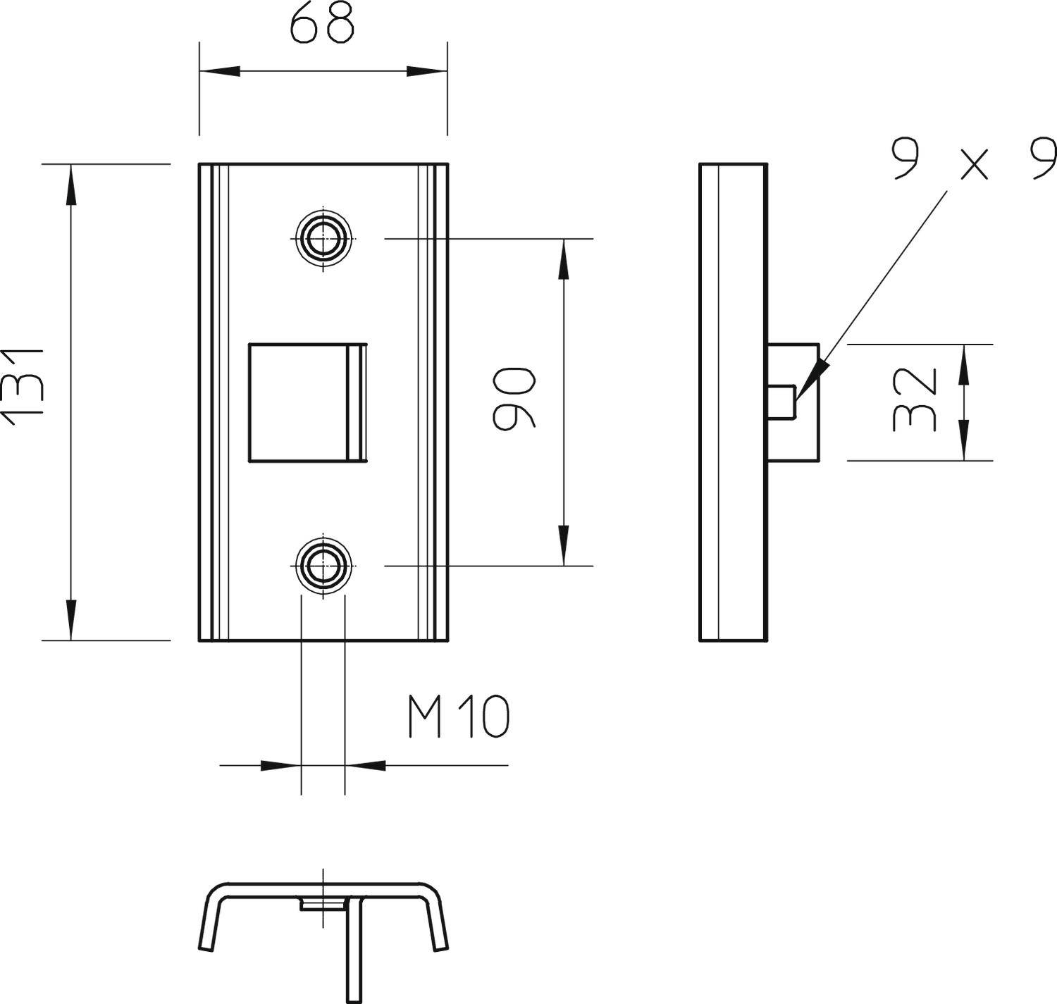 Technische Zeichnung eines rechteckigen Metallteils mit Maßen in Millimetern. Vorder- und Seitenansicht, inklusive Schraublochdetails.