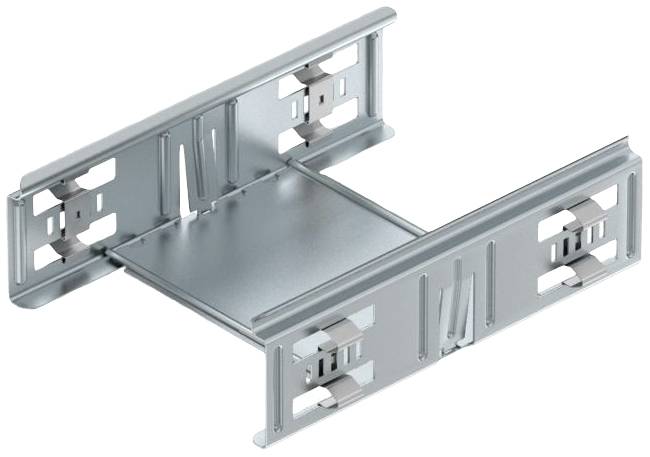 Graues Metallverbindungsstück mit rechteckigen Enden und Schlitzen, wahrscheinlich für die Montage in einem Regalsystem.