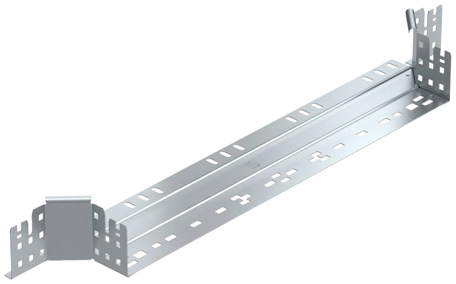 Silberne Kabelrinne aus Metall mit perforierten Seiten zur Kabelorganisation und Wand- oder Deckenmontage.