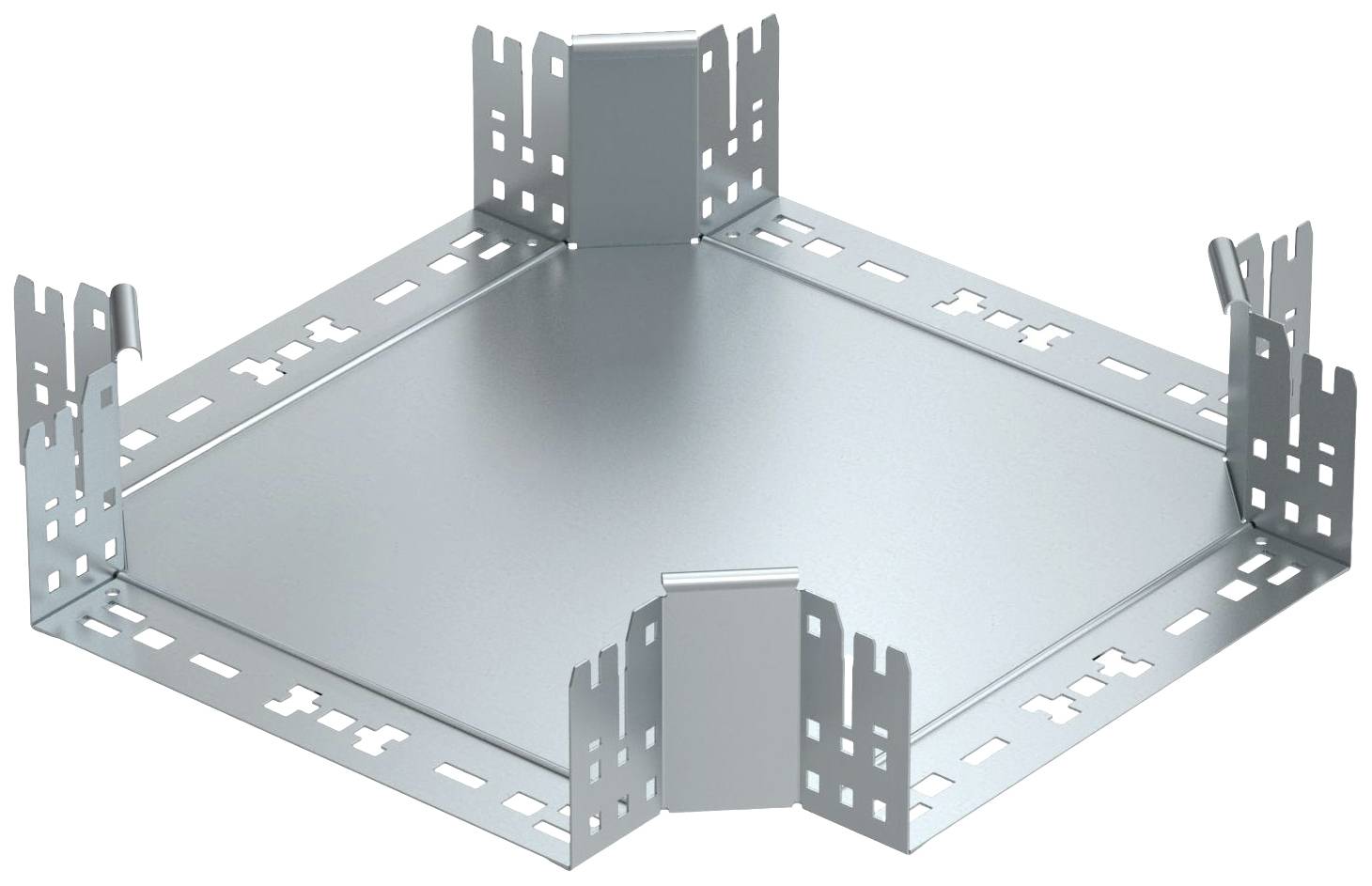 Metallische sechseckige Platte mit perforierten, aufrecht stehenden Kanten, möglicherweise zur Befestigung oder Montage verwendet.