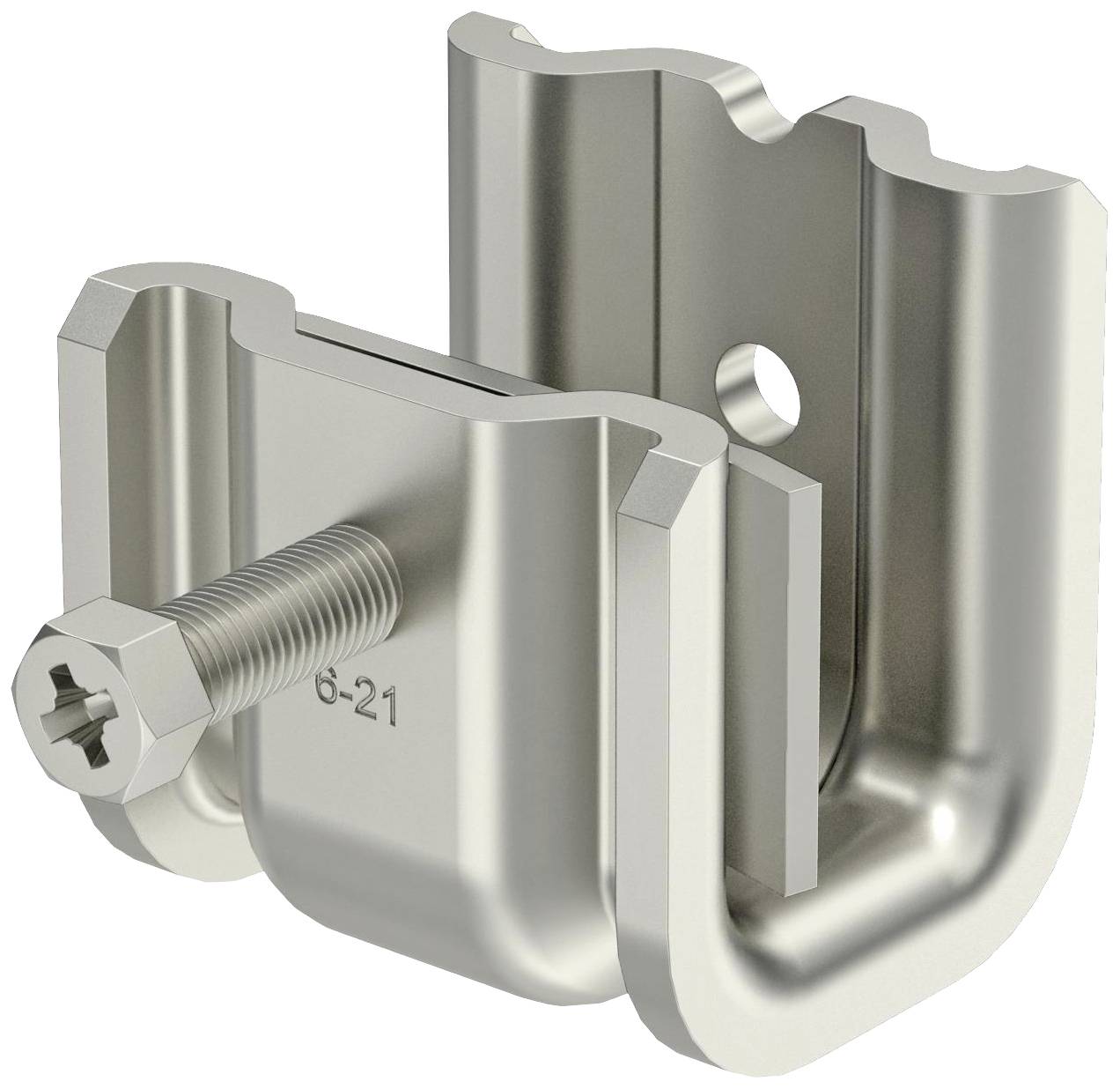 Metallklemme mit Schraube und Sechskantkopf in U-Form. Sie dient zur Befestigung von Bauteilen an anderen Oberflächen.