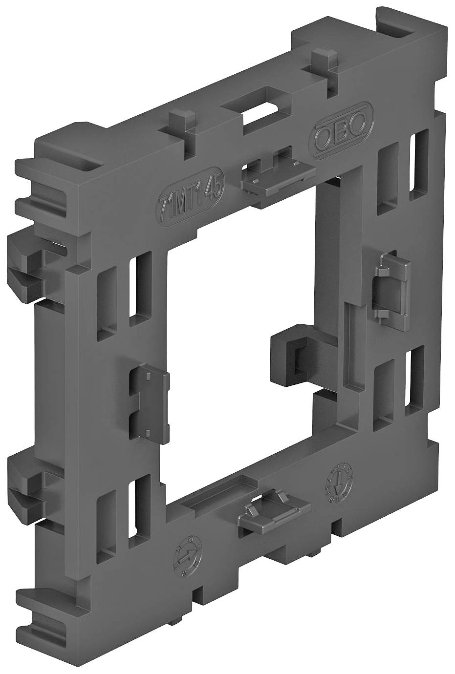 Graues rechteckiges Kunststoffgehäuse mit mehreren Steckverbindungen, die zur Halterung oder Befestigung von Modulteilen dienen.