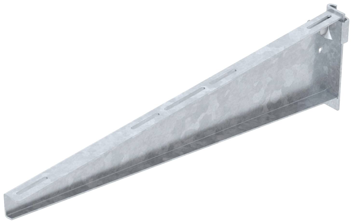 Metallträger in dreieckiger Form mit Befestigungslöchern, vermutlich für Regal- oder Wandkonstruktionen geeignet.
