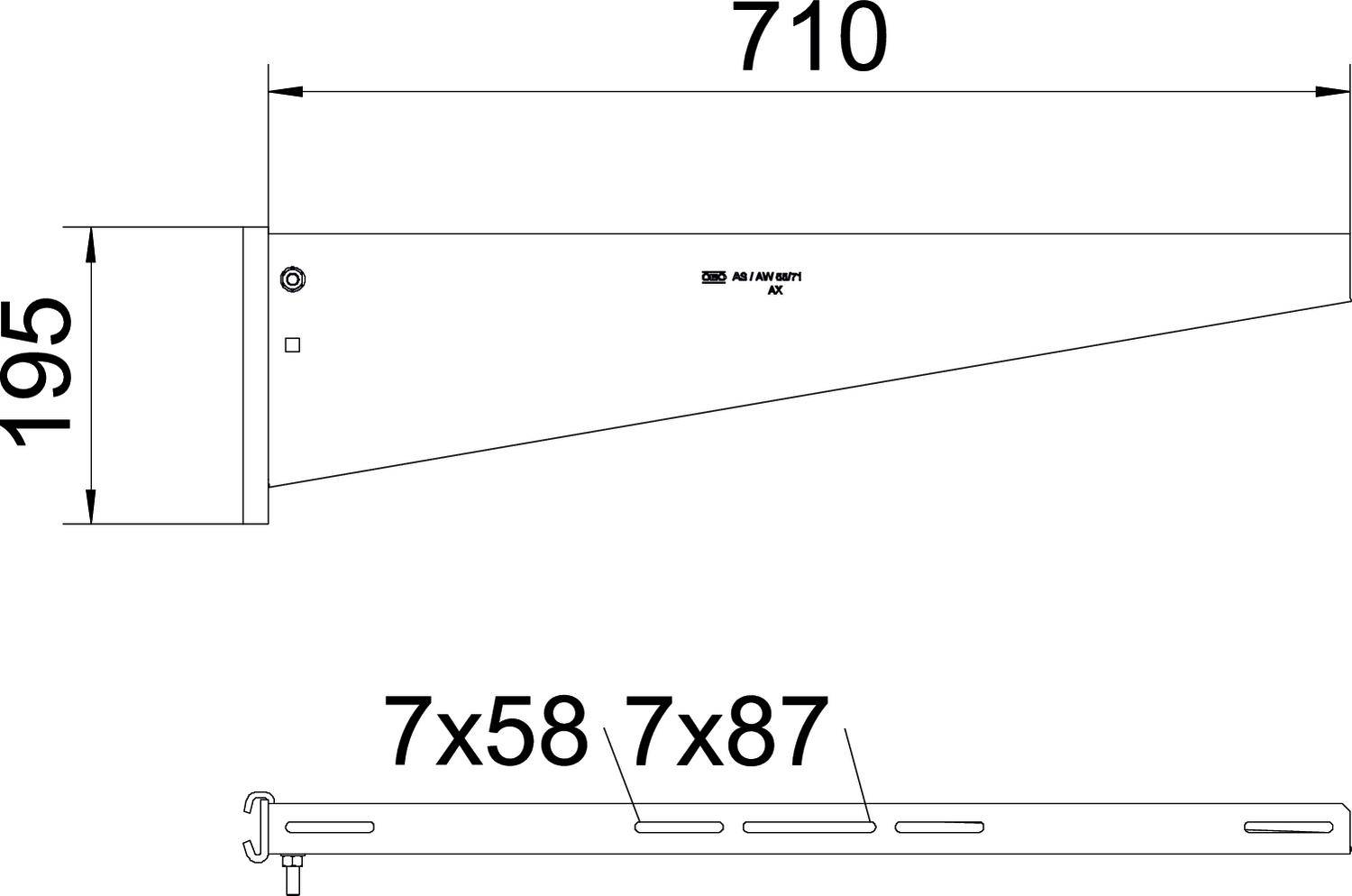Technische Zeichnung eines Metallwinkels: 710 mm Länge, 195 mm Höhe. Untere Kante mit Löchern: 7x58 mm, 7x87 mm.