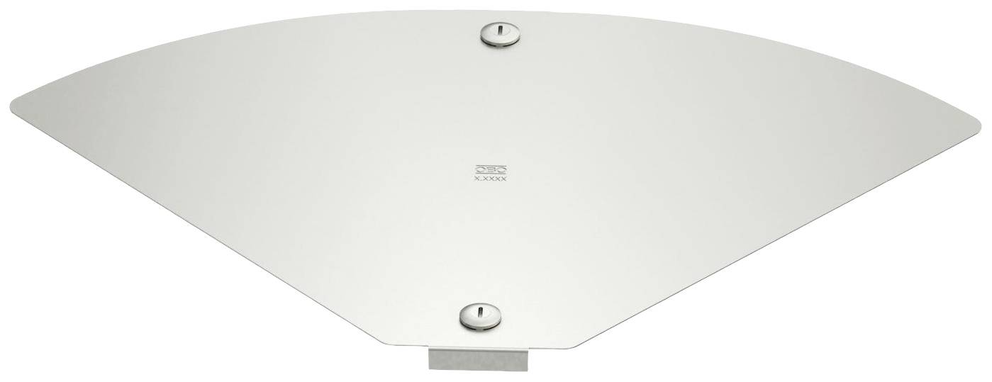 Metallscheibe in Trapezform mit zwei Schraublöchern oben und einem Halterungspunkt unten, vor weißem Hintergrund.