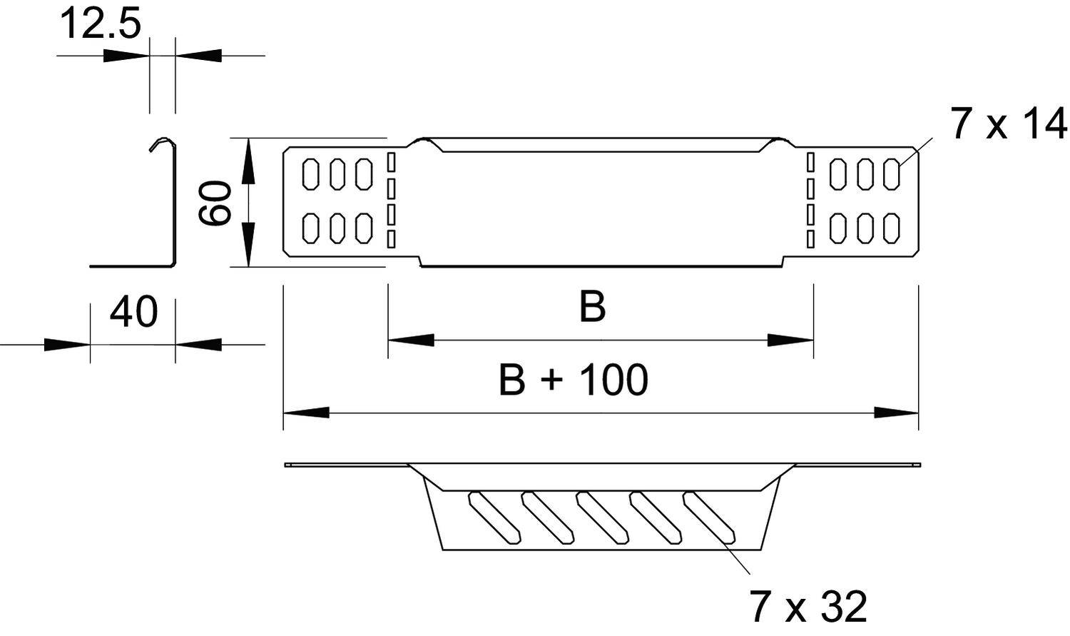 Technische Zeichnung eines rechteckigen Bauteils mit den Maßen: Höhe 60 mm, Breite 40 mm, Löcher 7x14 mm seitlich, 7x32 mm unten.