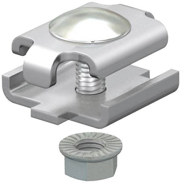 Schraubhalter mit runder Kappe und Feder, darunter eine sechseckige Mutter. Geeignet für mechanische Befestigungen.