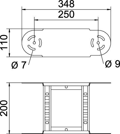 Technische Zeichnung eines rechteckigen Befestigungswidgets mit abgerundeten Enden, Maßangaben: 348x110 mm, Bohrlöcher Ø 7 mm und Ø 9 mm, Profiltiefe 200 mm.