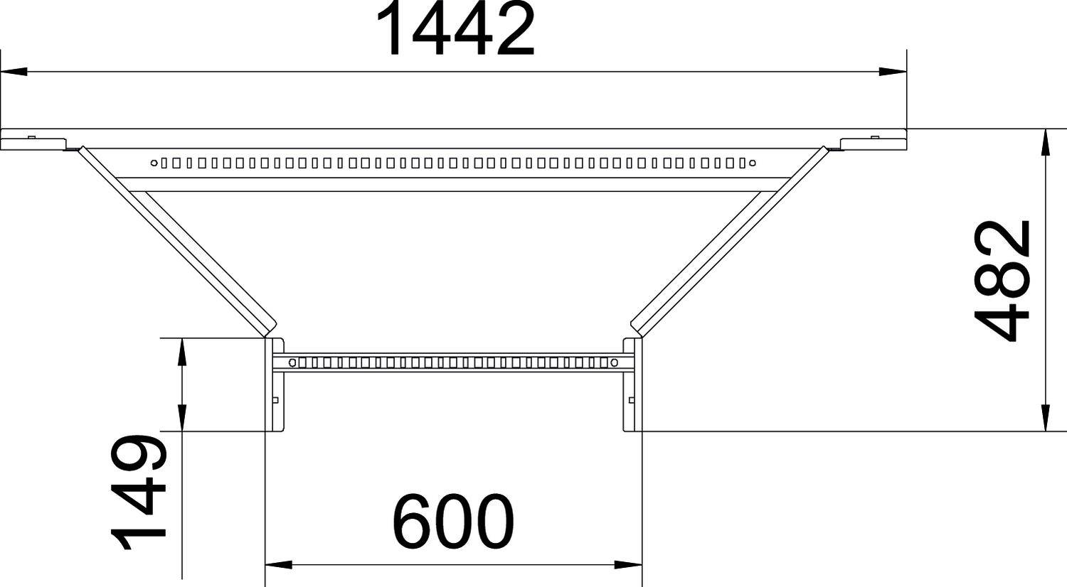 Technische Zeichnung eines metallischen Trägers mit den Maßen: Breite 1442 mm, Höhe 482 mm, Basisbreite 600 mm, Sockelhöhe 149 mm.