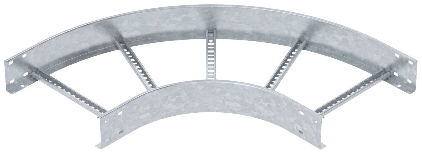 Metallische Kabelträgermulde, gebogen, mit mehreren Querstreben zur Stabilisierung; dient zur Installation von Kabeln in Gebäuden.