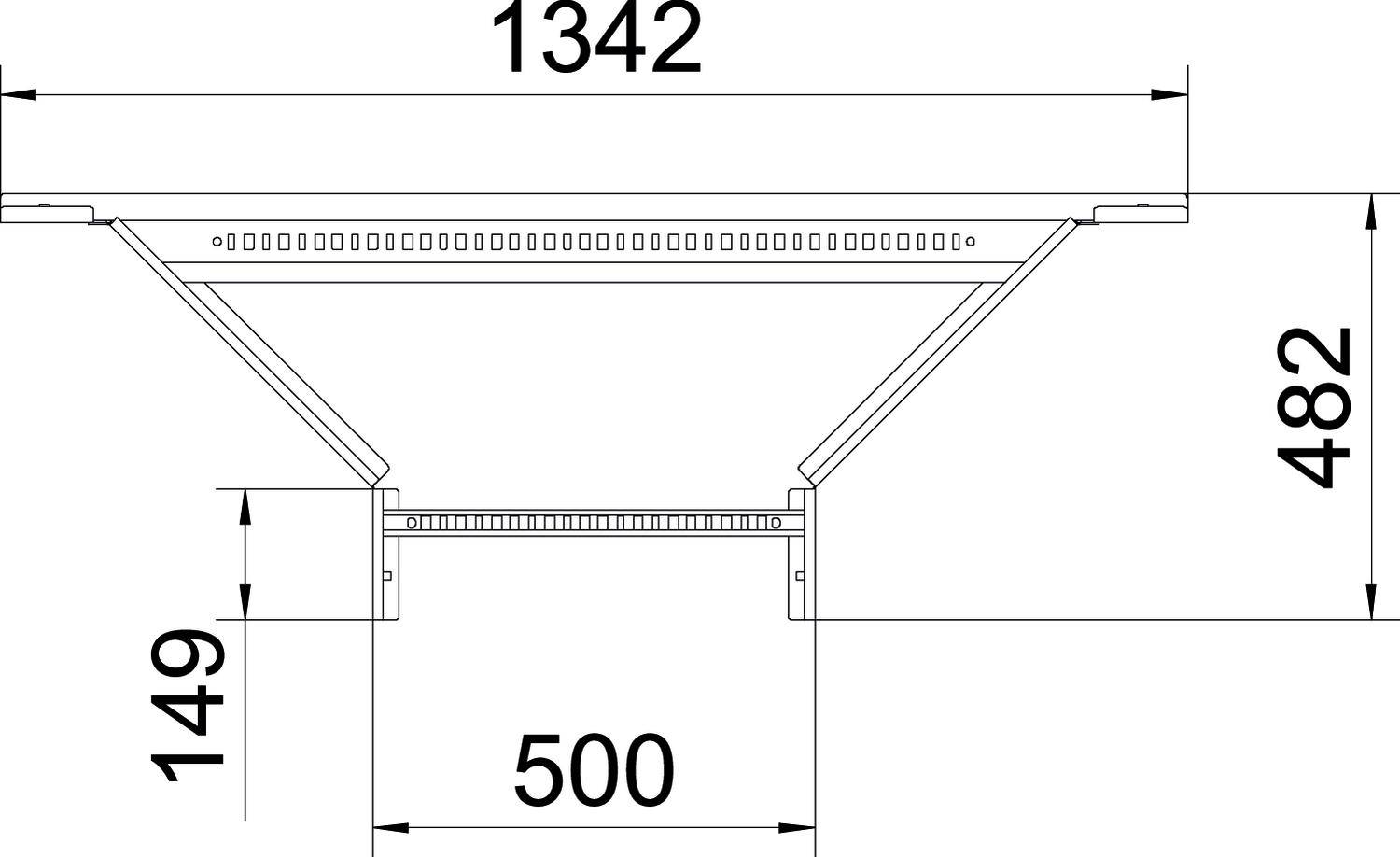 Technische Zeichnung eines T-förmigen Balkens. Maße: 1342 Breite, 482 Höhe, 500 Breite des unteren Segments, 149 Tiefe.