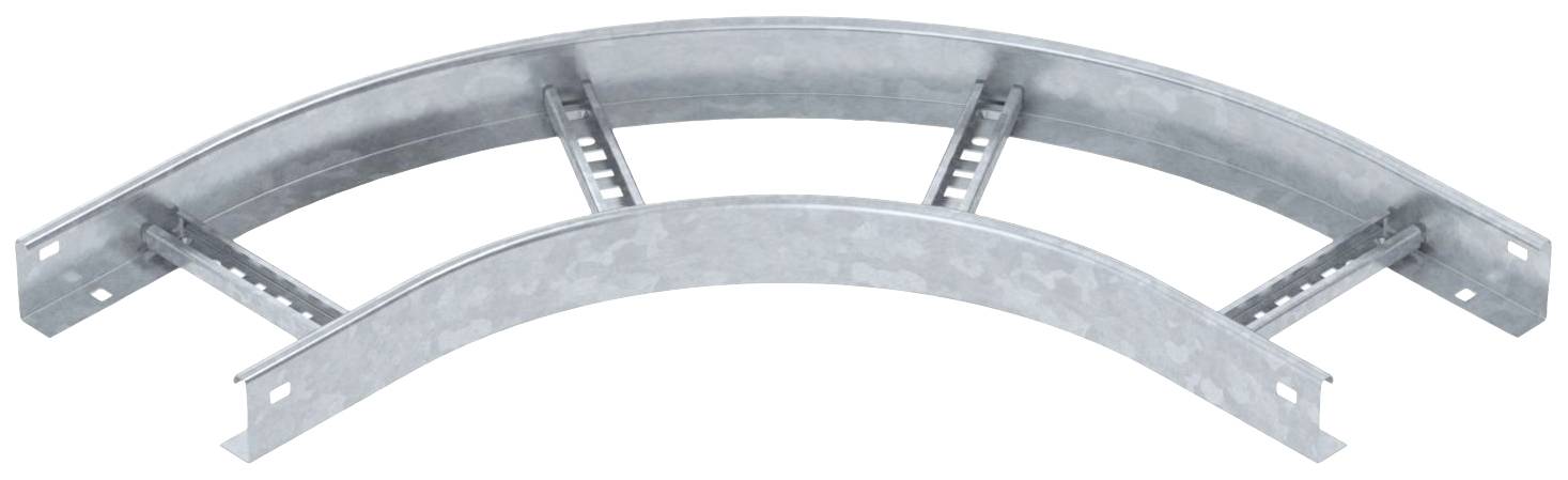Metallisches Kabelrinnenverbinderstück in gebogener Form, ermöglicht die Verbindung zwischen zwei Kabelrinnen in einem Winkel.